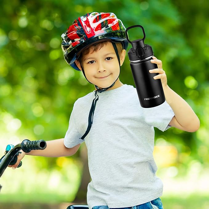Kids Insulated Water Bottle with Straw,14oz Stainless Steel Water Bottle,BPA-free and Leak-proof,Double Wall Vacuum Water Flask for School,Gifts for Boys and GirlsοΌ14oz,BlackοΌ