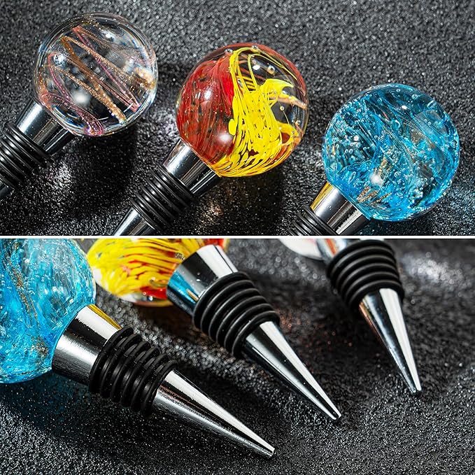 Hand Blown Glass Wine Stopper Bottle Stopper 2PCS - Wine Saver, Reusable Wine Corks for Beverage, Stainless Steel Wine Stopper