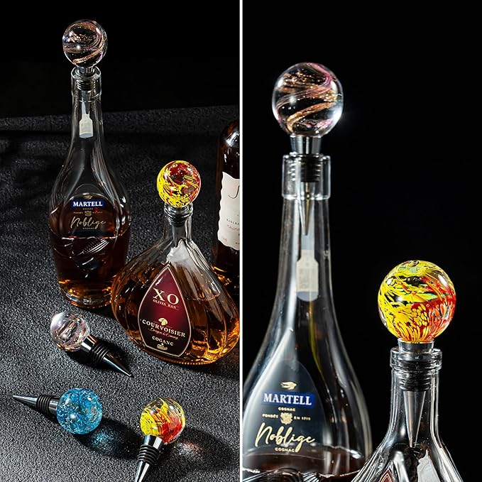 Hand Blown Glass Wine Stopper Bottle Stopper 2PCS - Wine Saver, Reusable Wine Corks for Beverage, Stainless Steel Wine Stopper