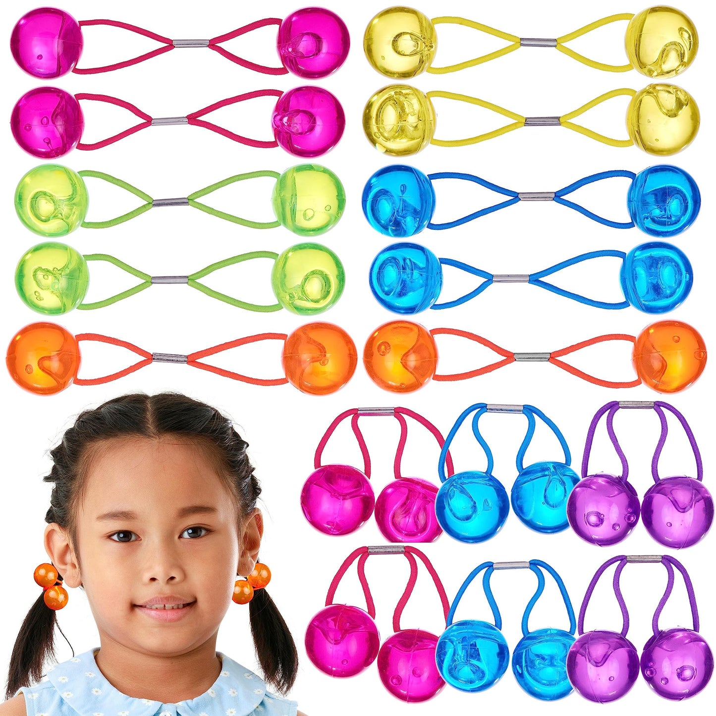 Expressions 16pc Ponytailers Large Round Ponytail Balls Twin Bead Hair Elastics Bright Multicolored Twin Hair Beads Bauble Hair Ties Ponytail Holders, Toddler KidsValue Pack