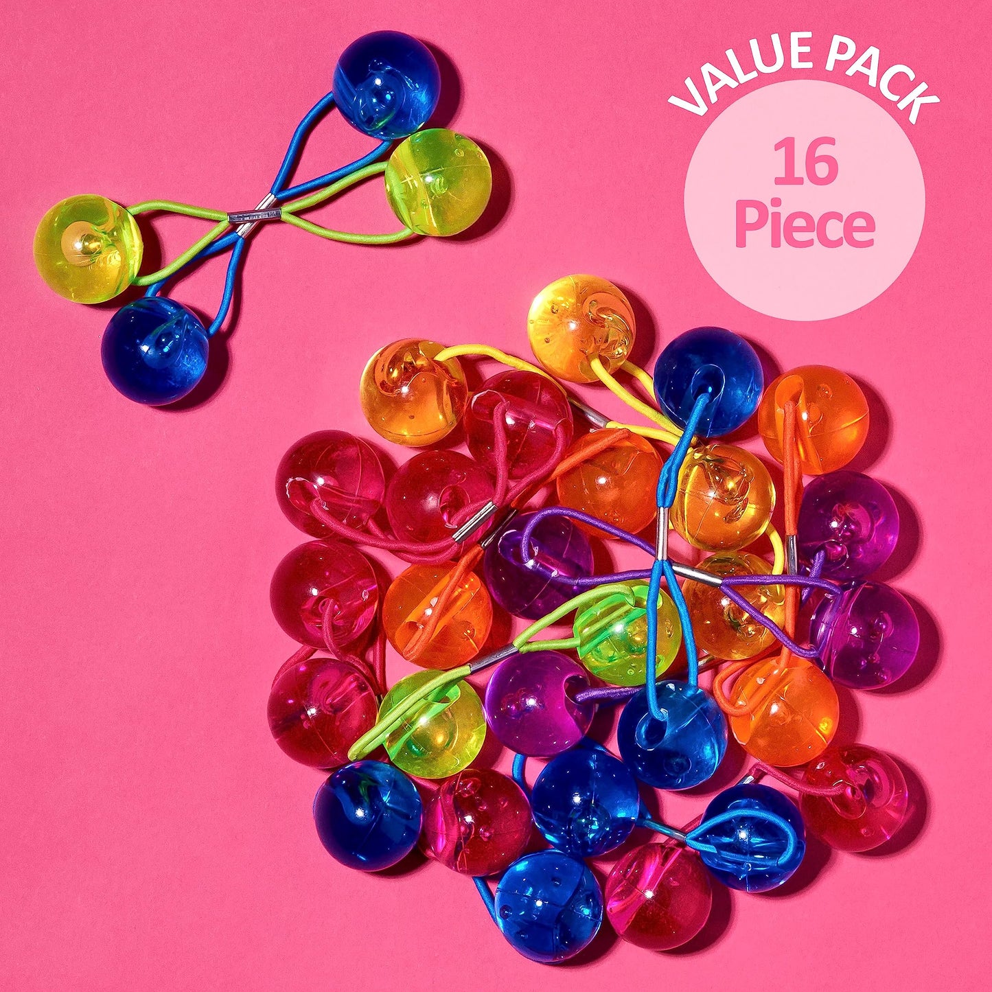 Expressions 16pc Ponytailers Large Round Ponytail Balls Twin Bead Hair Elastics Bright Multicolored Twin Hair Beads Bauble Hair Ties Ponytail Holders, Toddler KidsValue Pack