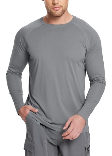 BALEAF Men's Long Sleeve Running Shirts Workout Tops Quick Dry SPF Rash Guard Lightweight Hiking Sun Protection t shirt Grey S