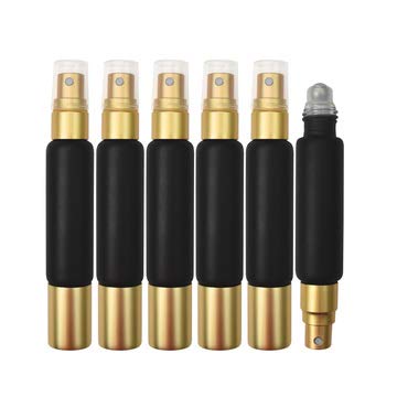 Black 10ml Essential Oil Roller Sprayer Duo Bottles, Double Ended Stainless Steel Roller Balls for Essential Oils With Fine Mist Sprayer, Glass Roll On Bottles - 6 pack