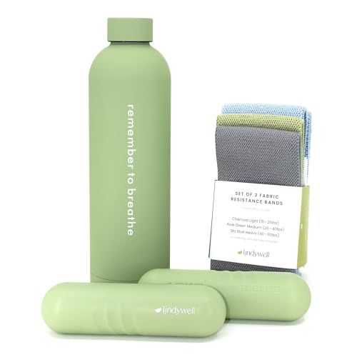 Lindywell Home Pilates Equipment -3 Colors Fabric Resistance Bands, Insulated Stainless Steel Water Bottle, 2LB Hand Weights - Complete Women & Men Exercise Workout Kit for Training & Hydration