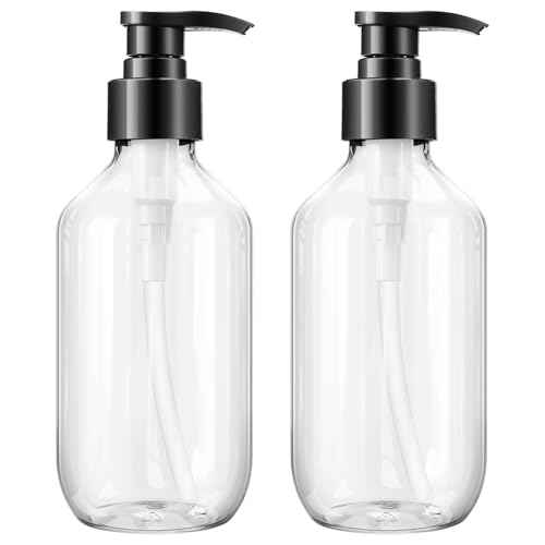 Teyssor Pump Bottle Dispenser Clear 2 Pack 300ml/10oz Empty Plastic Liquid Soap Dispensers, BPA-Free Refillable Container for Essential Oil Shampoo Lotion