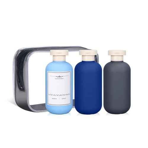 ASEVAT 6.7oz Airtight Plastic Travel Shampoo Bottles, Empty Squeeze Bottle, Refillable Travel Shampoo and Conditioner Bottles, Hand Soap Dispenser for Vacation, Gym, Lotion(Blue+Navy+Grey)