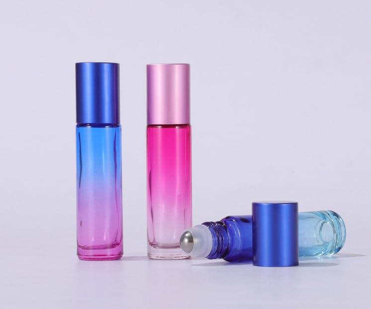 YORROR 10 Packs 10ml Gradient Color Essential Oil Roller Bottles,Thick Glass Empty Refillable Roll On Bottles with Stainless Steel Roller Balls for Travel,Fragrance,Perfume, Essential Oil (Purple)