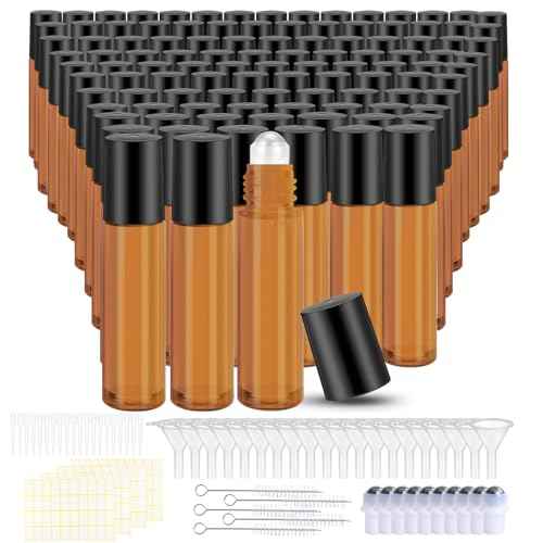 150 Pcs Essential Oil Roller Bottles 10 ml Leakproof Empty Glass Roll on Bottles with Stainless Steel Roller Balls with 20 Funnels 20 Droppers for Travel Perfume Essential Oil(Amber)