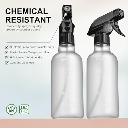 Bealee Spray Bottles 2 Pack, 10 Oz, Mist & Stream, Heavy Duty Spraying Empty Water Sprayer Bottle, BPA Free Plastic Refillable Containers for Cleaning Solutions, Planting, Hair with Measurement