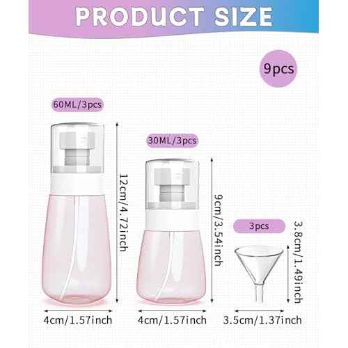 6 Pack Small Spray Bottles - Travel Size 3 Pack 1oz/30ml and 3 Pack 2oz/60ml with 3pcs Funnels, Fine Mist Mini Plastic Refillable Spray Bottles - Pink