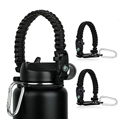 Paracord Handle - Fits Wide Mouth Bottles 12oz to 64oz - Durable Carrier, Paracord Carrier Strap Cord with Safety Ring,Compass and Carabiner - Ideal Water Bottle Handle Strap (Rainbow)