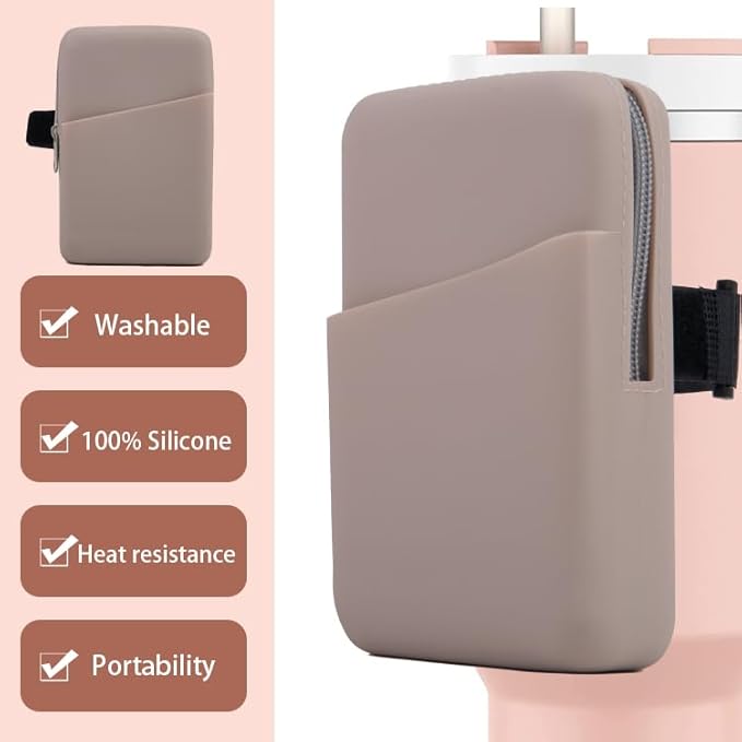Water Bottle Pouch Silicone Gym Tumbler Accessories for Stanley Quencher Stanley IceFlow Simple Modern tumbler20 oz 30 oz 40 oz, with Pocket for Storage for Phone, Card, Key, Wallet (Khaki)
