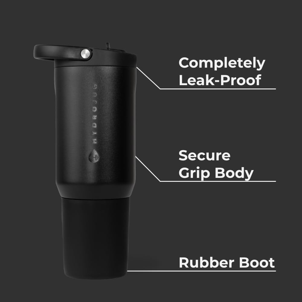 HydroJug Sport - Stainless Steel Tumbler with Straw, Vacuum Insulated, 20oz Leakproof Water Bottle, Ergonomic Design, Reusable, Dishwasher Safe, Rubber Base, Durable for Gym or Outdoors, Black