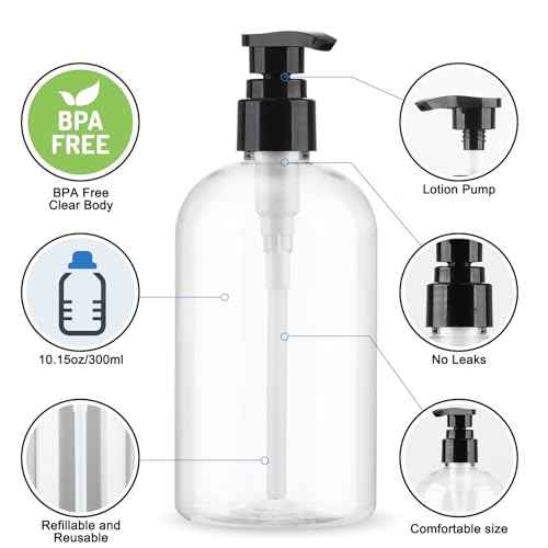 Empty Pump Bottles Dispenser 2 Pack 300ml/10.15oz. Clear Plastic Pump Bottle Dispenser for Essential Oil Soap Lotion Shampoo