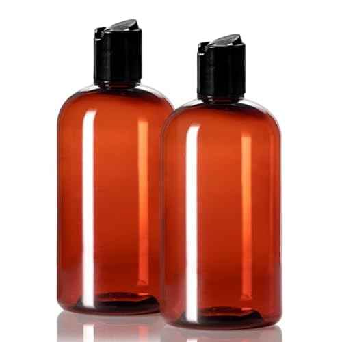 ljdeals 8 oz Amber Plastic Empty Bottles with Black Disc Top Caps, Refillable Containers for Shampoo, Lotions, Cream and More, BPA Free, Pack of 2, Made in USA
