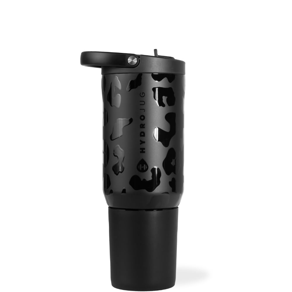 HydroJug Sport - Stainless Steel Tumbler with Straw, Vacuum Insulated, 20oz Leakproof Water Bottle, Ergonomic Design, Reusable, Dishwasher Safe, Rubber Base, Durable for Gym or Outdoors, Black Leopard