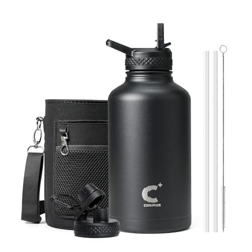 Half Gallon Water Bottle Insulated, Coolplus 64 oz Stainless Steel Water Jug With Straw Metal Double-Walled Vacuum Large Flask With Carry Sleeve Leakproof, Keep Cold 48 Hrs Hot 24hrs, Black