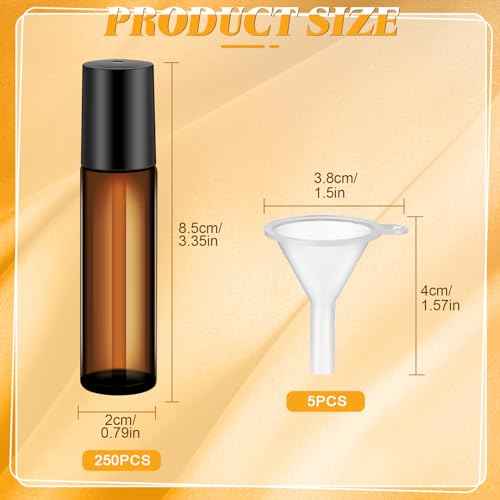 Sumind Essential Oil Roller Bottles - 250 Pcs, 10 ml Glass, Stainless Steel Roller Balls, Leakproof, Funnel Included(Amber)