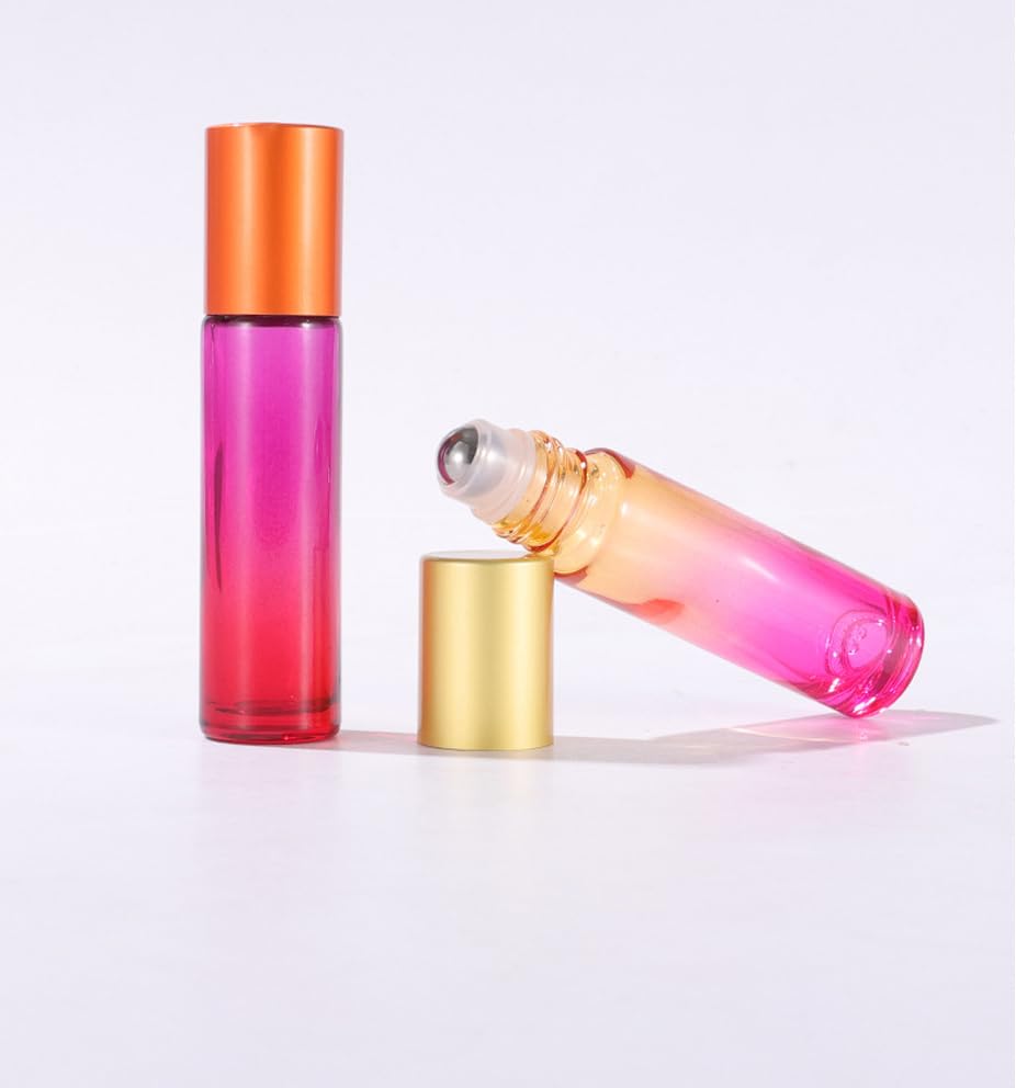 YORROR 10 Packs 10ml Gradient Color Essential Oil Roller Bottles,Thick Glass Empty Refillable Roll On Bottles with Stainless Steel Roller Balls for Travel,Fragrance,Perfume, Essential Oil (Purple)