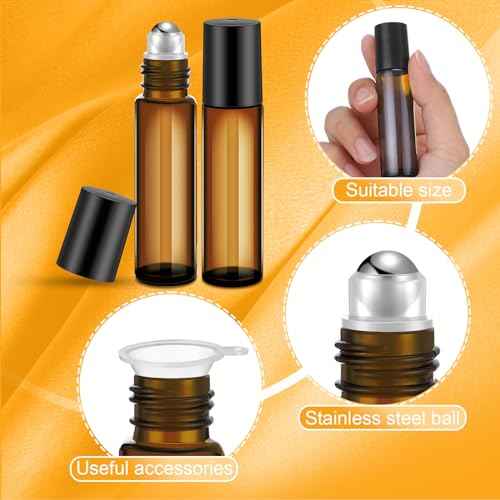 Sumind Essential Oil Roller Bottles - 250 Pcs, 10 ml Glass, Stainless Steel Roller Balls, Leakproof, Funnel Included(Amber)