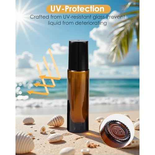4 Pack Essential Oil Roller Bottles, 10ml Refillable Amber Glass Roller Bottles with Stainless Steel Roller Balls and Caps for Travel, Perfume and Lip Gloss