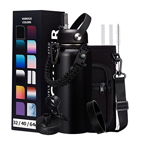 Half-gallon Insulated Water-Bottle with Straw - Stainless Steel Thermo Jug with Spout Straws Lids, Paracord Handle & Bottle Sleeve, 64OZ Vacuum Thermo Bottle for Outdoor Working Camping Trip