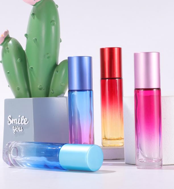 YORROR 10 Packs 10ml Gradient Color Essential Oil Roller Bottles,Thick Glass Empty Refillable Roll On Bottles with Stainless Steel Roller Balls for Travel,Fragrance,Perfume, Essential Oil (Purple)