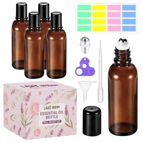 10ML Roller Bottles for Essential Oil, 4 Pack Empty Amber Glass Roller Bottle for Perfume Oil, Roll on Bottles with Stainless Steel Roller Balls, Opener, Funnel and Dropper for Aromatherapy, Massage