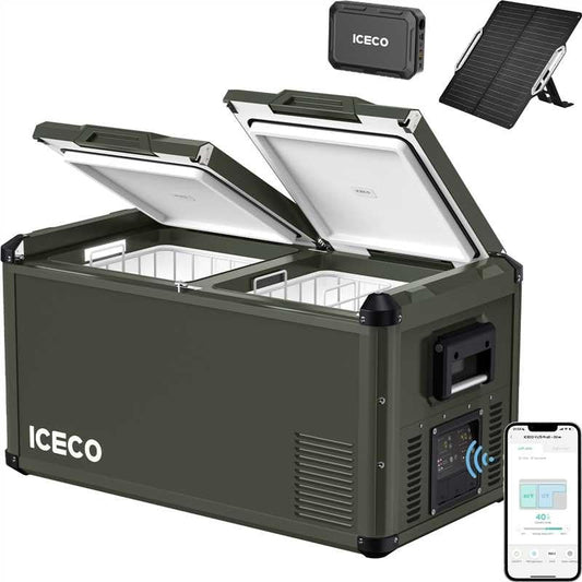 ICECO VL75ProD Dual Zone Fridge Freezer, 12 Volt Refrigerator, 79Qt Car Fridge Powered by SECOP, Portable Freezer with Reversible Lid, 0-50°F, AC/DC, For Car, Outdoor, Camping |+Battery+Solar Panel
