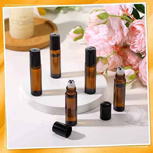 Sumind Essential Oil Roller Bottles - 250 Pcs, 10 ml Glass, Stainless Steel Roller Balls, Leakproof, Funnel Included(Amber)