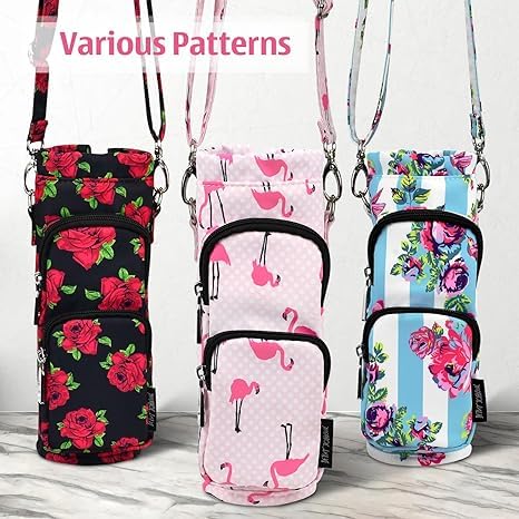 Betsey Johnson Insulated Water Bottle Pouch Holder Carrier Crossbag with Adjustable Shoulder Strap - Lightweight Polyester Accessories with Pockets Good for Hiking Travelling Sports (Flamingo Strut)