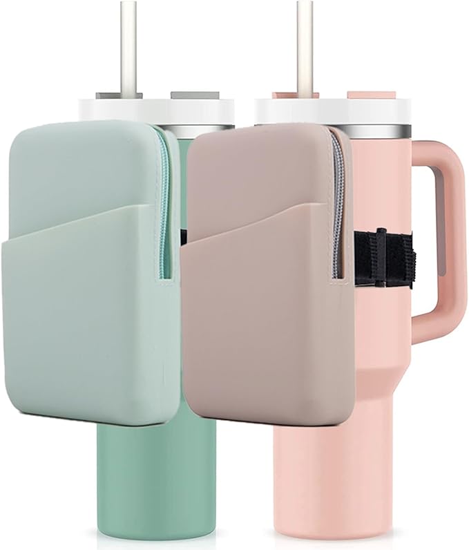 Water Bottle Pouch for Stanley Quencher Adventure 40oz & Stanley IceFlow 20oz 30oz, Silicone Design Tumbler Pouch for Phone, Card, Keys, Earphone (Green)