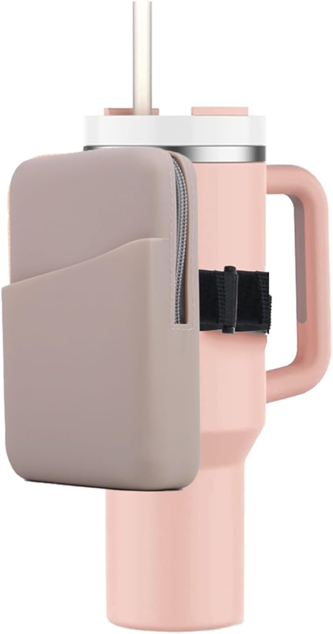 Water Bottle Pouch for Stanley Quencher Adventure 40oz & Stanley IceFlow 20oz 30oz, Silicone Design Tumbler Pouch for Phone, Card, Keys, Earphone (Khaki)