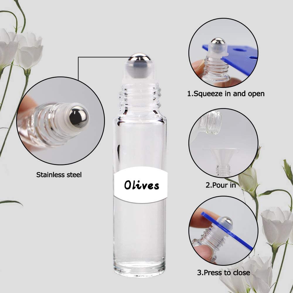 Sungwoo 12 Pack Essential Oil Bottles, 10ml Clear Glass Bottles with Stainless Steel Roller Balls and Caps for Travel, Perfume and Lip Gloss