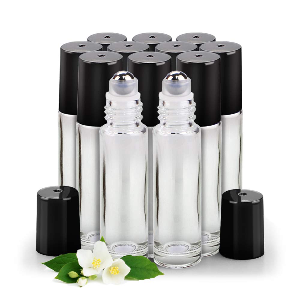 Sungwoo 12 Pack Essential Oil Bottles, 10ml Clear Glass Bottles with Stainless Steel Roller Balls and Caps for Travel, Perfume and Lip Gloss