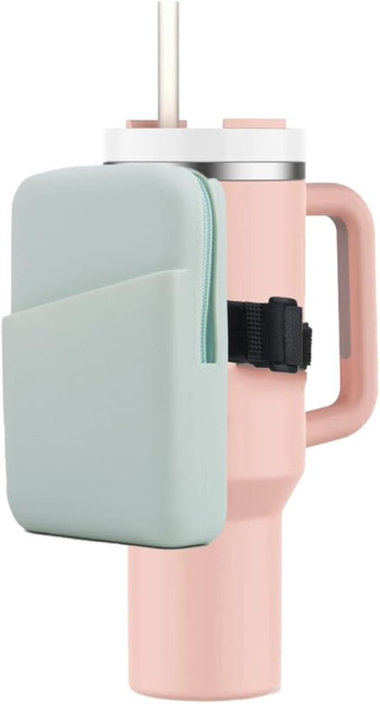 Water Bottle Pouch for Stanley Quencher Adventure 40oz & Stanley IceFlow 20oz 30oz, Silicone Design Tumbler Pouch for Phone, Card, Keys, Earphone (Green)