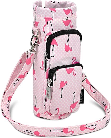 Betsey Johnson Insulated Water Bottle Pouch Holder Carrier Crossbag with Adjustable Shoulder Strap - Lightweight Polyester Accessories with Pockets Good for Hiking Travelling Sports (Flamingo Strut)