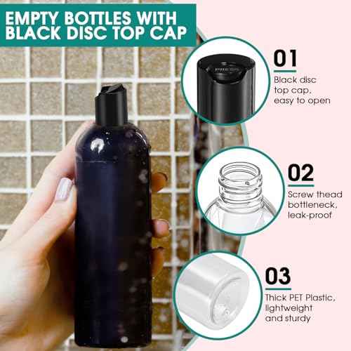 6 Pcs 16 oz Clear Plastic Empty Bottles with Black Disc Top Caps, Squeezable Refillable Shampoo Bottles Travel Cosmetic Containers for Lotions, Body Soap Cream