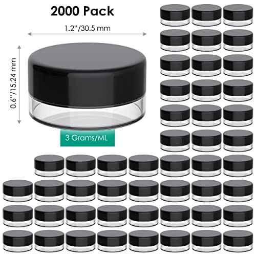 Houseables 3 Gram Jar, 3 ML Jar, BPA Free, Black, 2000 Pack, Cosmetic Empty Container, Plastic, Round Pot, Screw Cap Lid, Small Tiny 3g Bottle, for Make Up, Eye Shadow, Nails, Powder, Paint