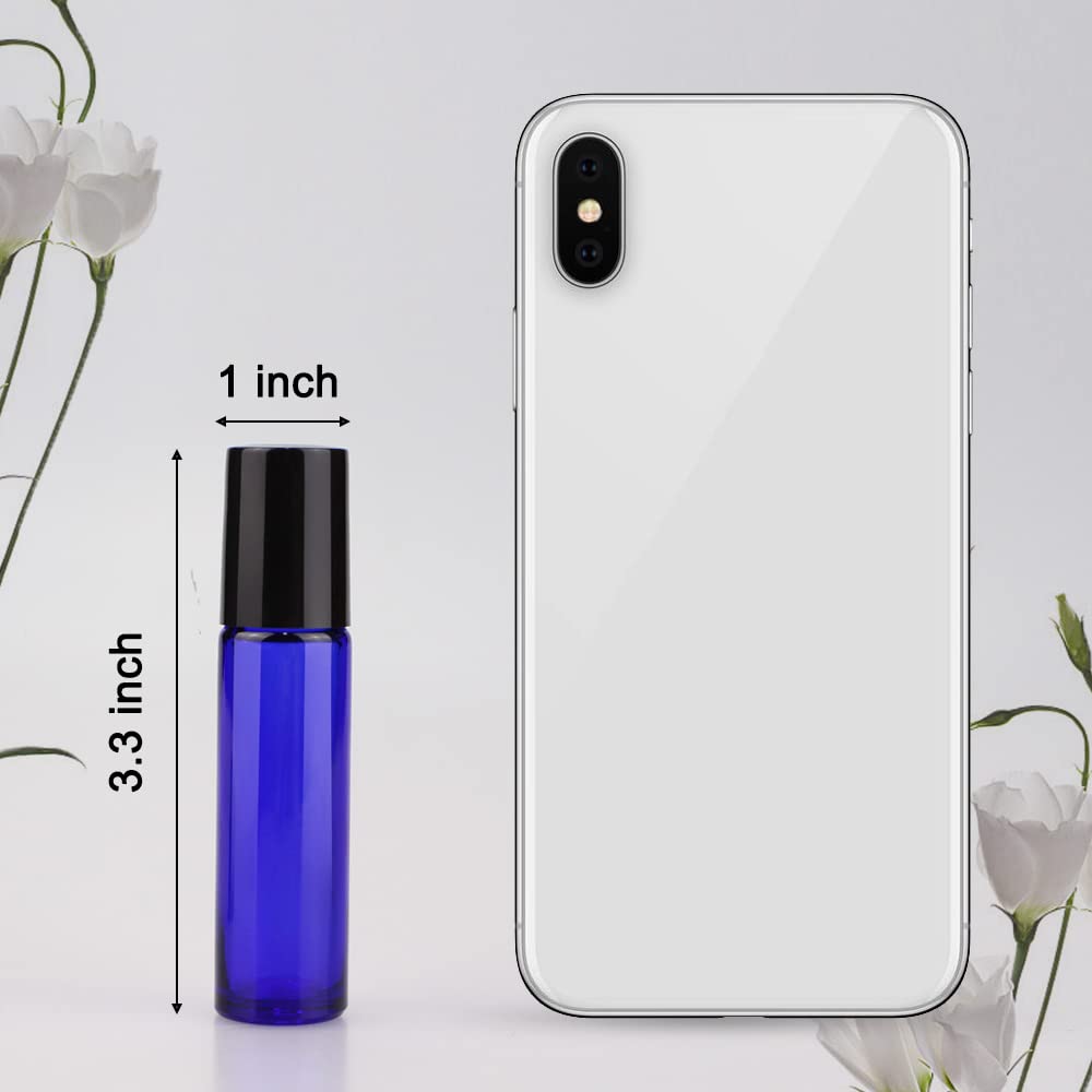 Sungwoo 12 Pack Essential Oil Bottles, 10ml Blue Glass Bottles with Stainless Steel Roller Balls and Caps for Travel, Perfume and Lip Gloss