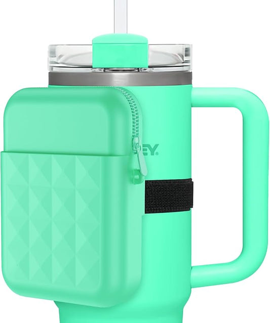 Water Bottle Pouch for Stanley Quencher Adventure 40oz & Stanley IceFlow 20oz 30oz Tumbler, Gym Water Bottle Silicone Rubber Pouch for Stanley Cup with Pocket for Cards, Keys, Earphone (Mint)