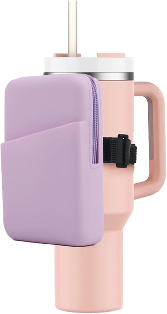 Water Bottle Pouch for Stanley Quencher Adventure 40oz & Stanley IceFlow 20oz 30oz, Silicone Design Tumbler Pouch for Phone, Card, Keys, Earphone (Purple)