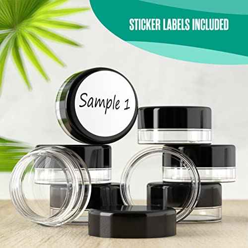Houseables 3 Gram Jar, 3 ML Jar, BPA Free, Black, 2000 Pack, Cosmetic Empty Container, Plastic, Round Pot, Screw Cap Lid, Small Tiny 3g Bottle, for Make Up, Eye Shadow, Nails, Powder, Paint