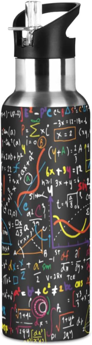 ALAZA Mathematics Education Geometrical Plots Formulas Water Bottle With Straw Lids Boys Girls,Vacuum Insulated Leakproof Stainless-Steel Sports Bottle Thermal Flask For Gym Yoga Camping,20Oz (600Ml)