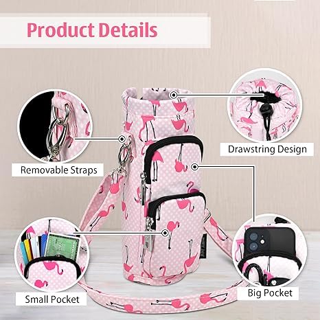 Betsey Johnson Insulated Water Bottle Pouch Holder Carrier Crossbag with Adjustable Shoulder Strap - Lightweight Polyester Accessories with Pockets Good for Hiking Travelling Sports (Flamingo Strut)