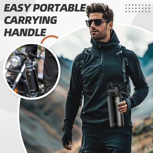 ROCKBROS Insulated Water Bottle with Straw, Stainless Steel Sports Water Cup Flask Leak Proof with Handle Keep Warm and Cold for Hiking, Cycling, Bike Travel, School Sports, Gym