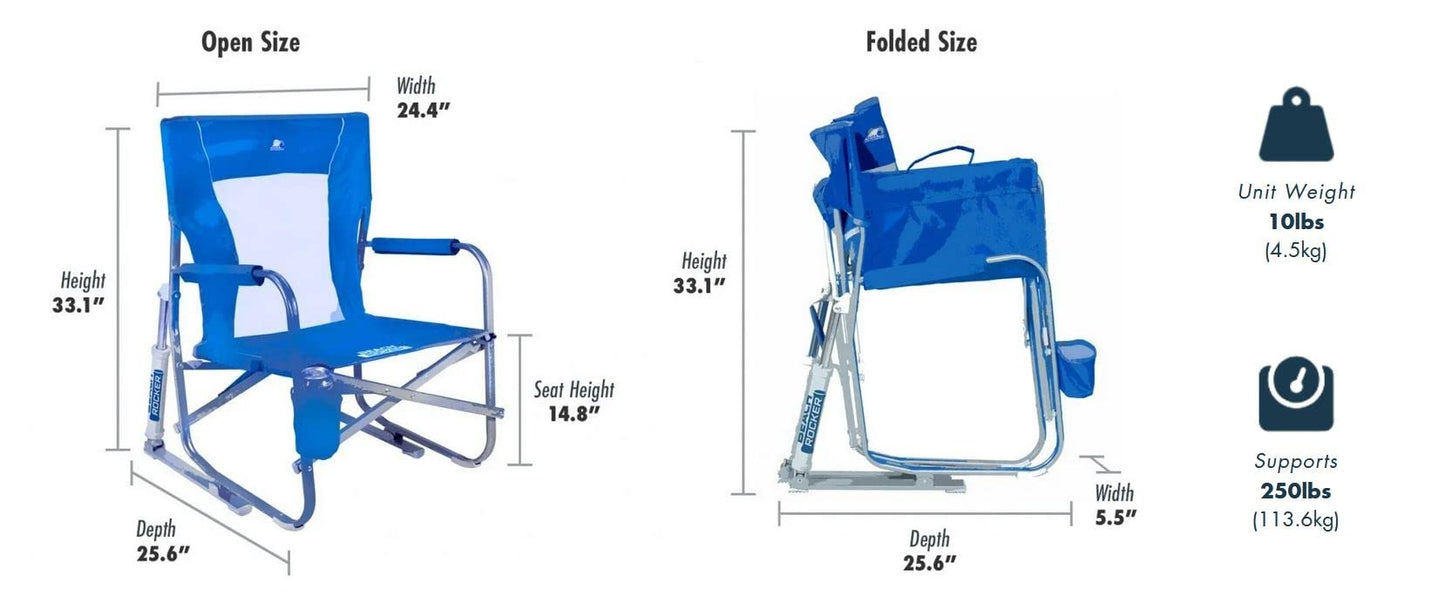 GCI Outdoor Beach Rocker Chair | Collapsible Folding Rocking Chair with Durable Armrests, Drink Holder & Portable Carry Handle — Saybrook Blue
