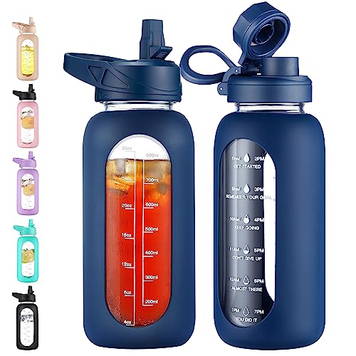 CIVAGO 40 oz Glass Water Bottle with Straw and Handle, Large Sports Motivational Water Bottle Flask with Time Marker and 2 Lids, Leakproof Water Jug Canteen with Silicone Sleeve for Gym,Red