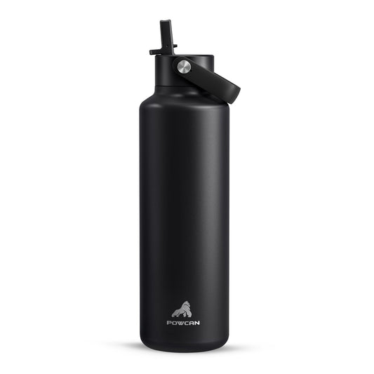 24 oz Slim Insulated Water Bottle for Outdoors: Leakproof, Flex Cap, Lightweight, Cold for 24 Hrs, Double Walled Stainless Steel Thermos with Straw for Travel, Hiking, Biking, Sport (Midnight Black)