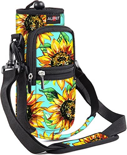 AUPET Water Bottle Sling Bag Sleeve Holder Carrier 25/32/40/64 oz,Insulated Crossbody Water Bottle Case Cover with Strap and Pockets for Men/Women Walking Hiking Camping (32oz, purple flower)